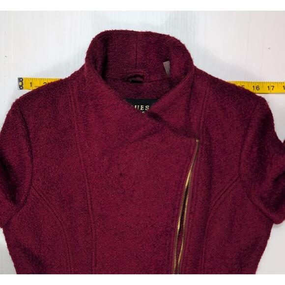Guess Wool Blend Coat Women M Burgundy Asym Zip Fit Flare Moto Jacket Lined - Picture 6 of 16